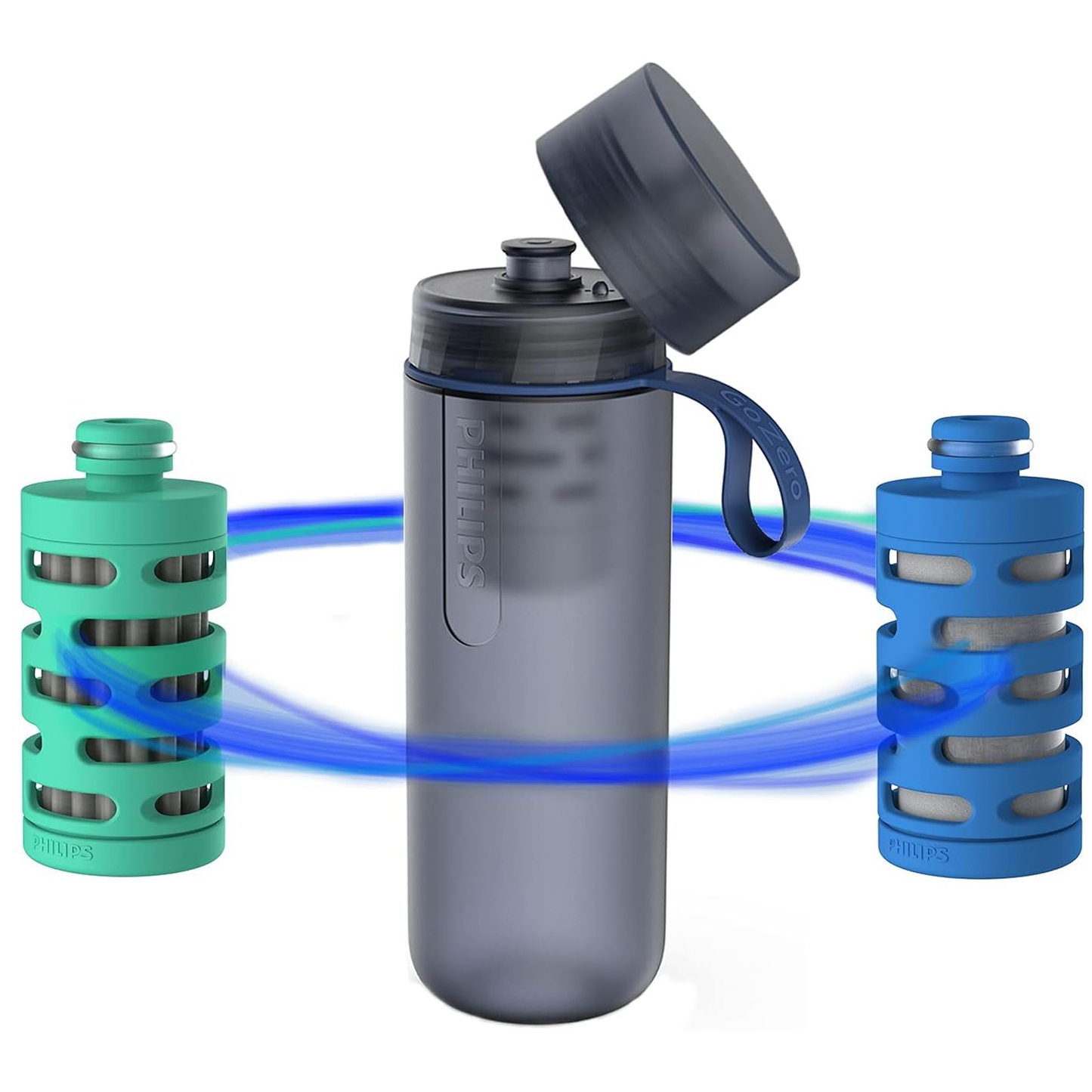 PHILIPS Water GoZero Active BPA-Free Water Bottle with River/Lake/Spring Water Filter for Hiking Camping, Sport Squeeze Water Bottle, Lightweight, Blue, 20 oz with Adventure Filter, Grey