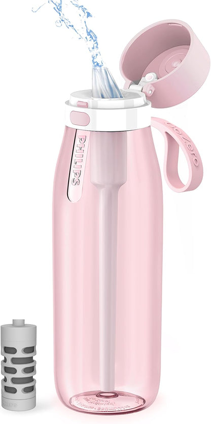 PHILIPS Filtered Water Bottle, BPA-Free Tritan Plastic Water Bottles, Replaces 450 Plastic Water Bottle with Reusable GoZero Everyday Water Filter, Portable Filtering Bottle for Travel