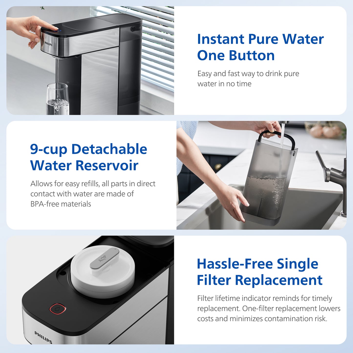 PHILIPS Countertop Reverse Osmosis Water Filter Dispenser, 5 Stages RO Water Filtration System Purifier with Aquaporin Technology Tested by NASA, 3:1 Pure to Drain, NSF/ANSI 372 Certified, Reduce TDS, ADD5930BK