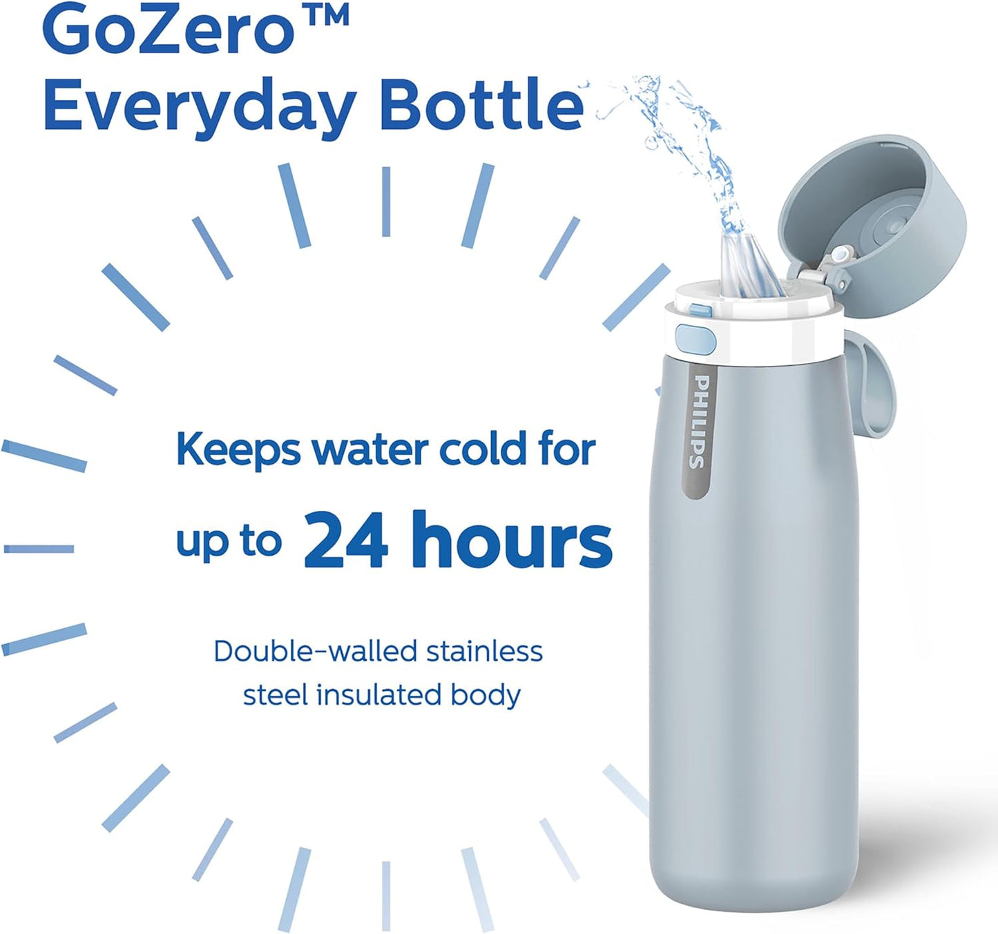Philips Water GoZero Everyday Insulated Stainless Steel Water Bottle with Philips Everyday Tap Water Filter