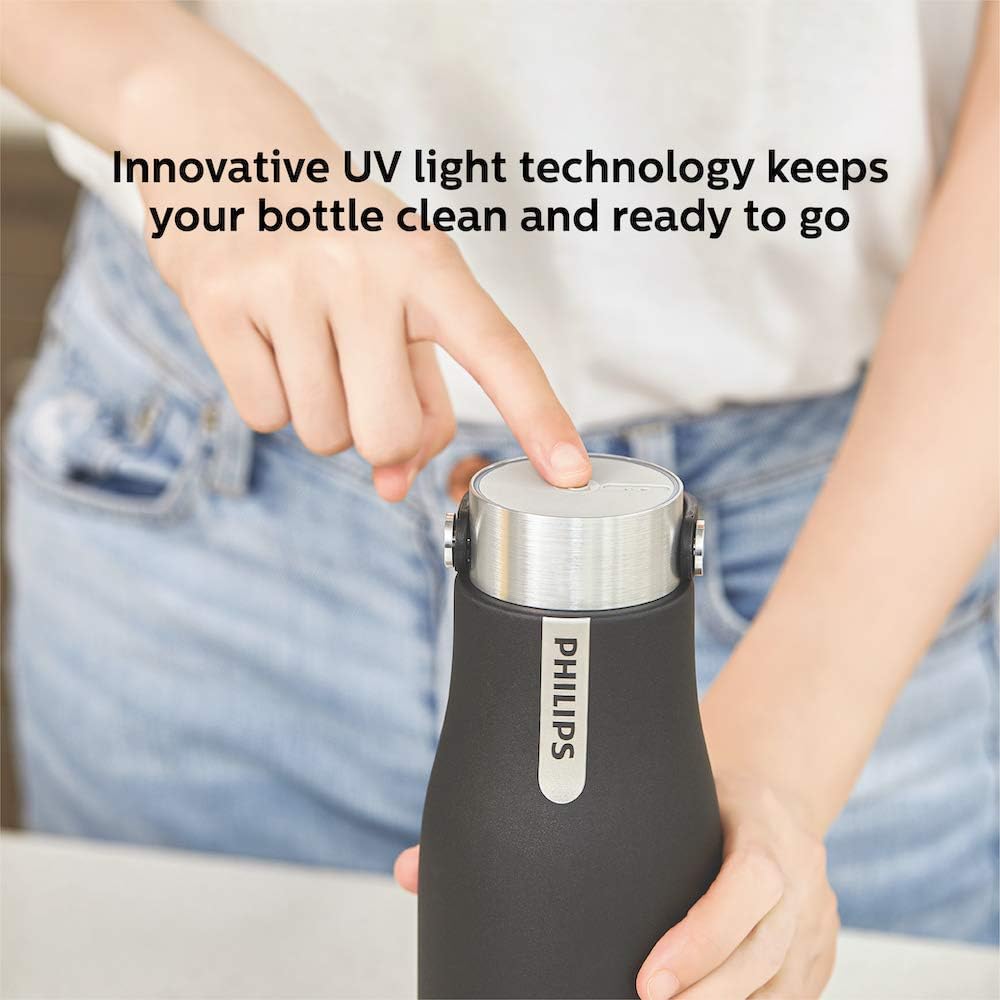 Philips Water GoZero UV Self-Cleaning Smart Water Bottle Vacuum Stainless Steel Insulated Water Bottle with Handle Double-wall, Auto Cleaning, Keep Drink Hot or Cold, BPA Free