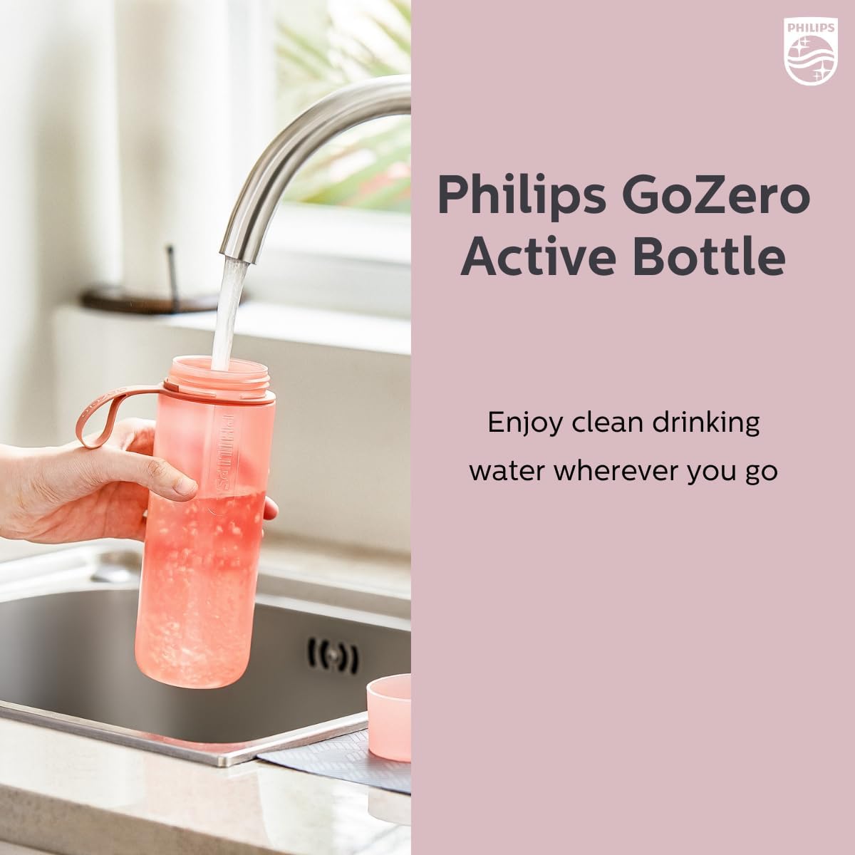 Philips GoZero Water BPA-Free Active Water Bottle with Tap Water Fitness Filter, Sport Squeeze Water Bottle, Lightweight