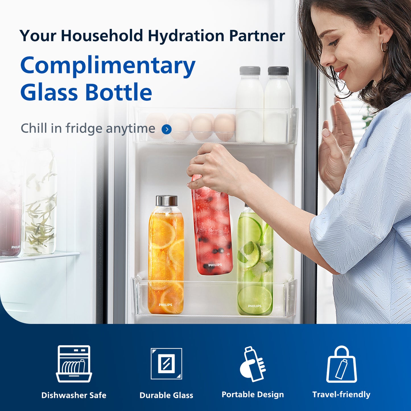 PHILIPS 16.9 Oz Glass Bottles for ADD5930 Countertop Reverse Osmosis Water Filter Dispenser, Stainless Steel Leak Proof Lid BPA Free, 2 Pack