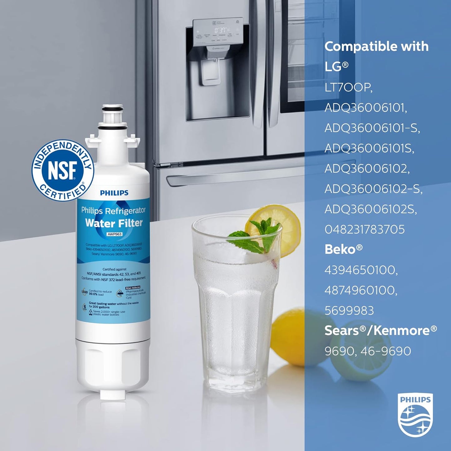 Philips AWP963 NSF/ANSI Certified Refrigerator Water Filter Replacement for LG®: LT700P, LFXS30766S, ADQ36006101, ADQ36006101-S, ADQ36006101S, ADQ36006102, Sears/Kenmore:9690, 46-9690, Pack of 3