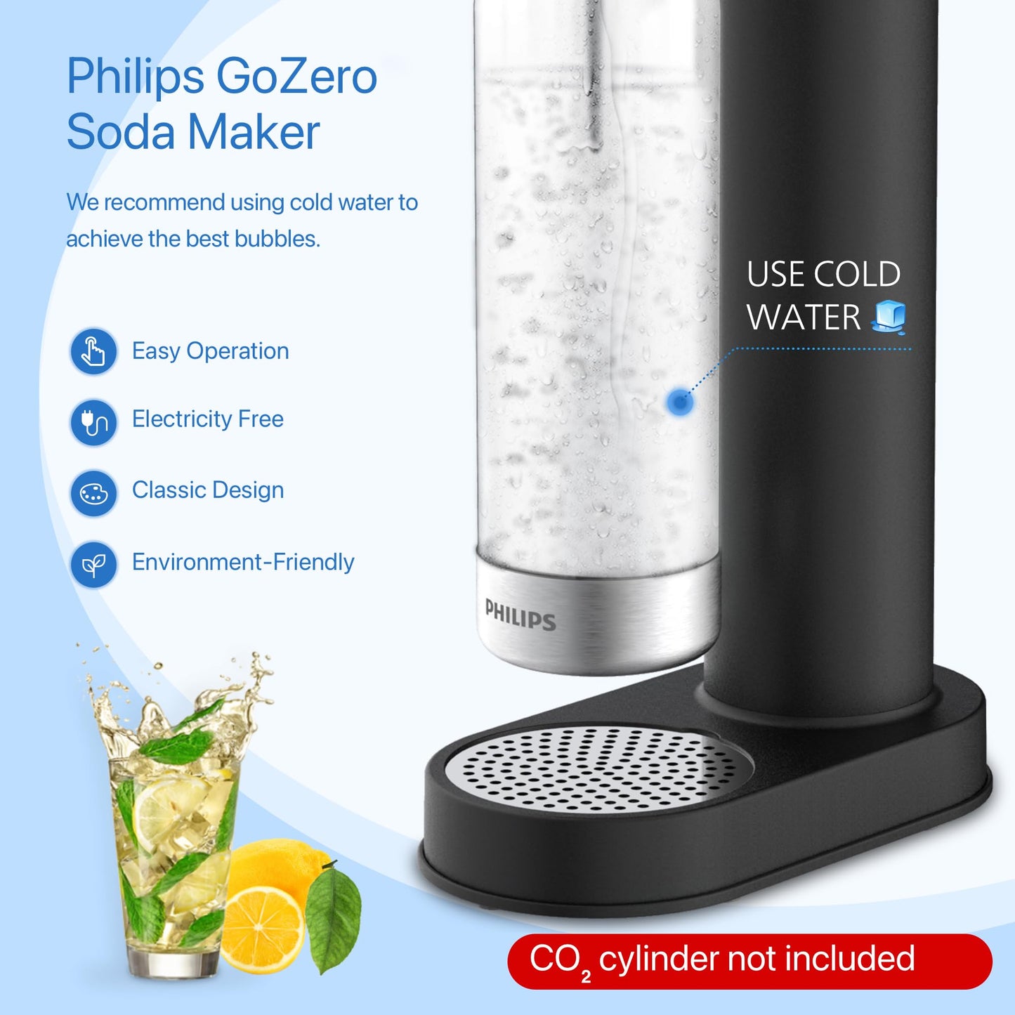 Philips Stainless Sparkling Water Maker Soda Maker Machine with Quick Twist Bottle, Black