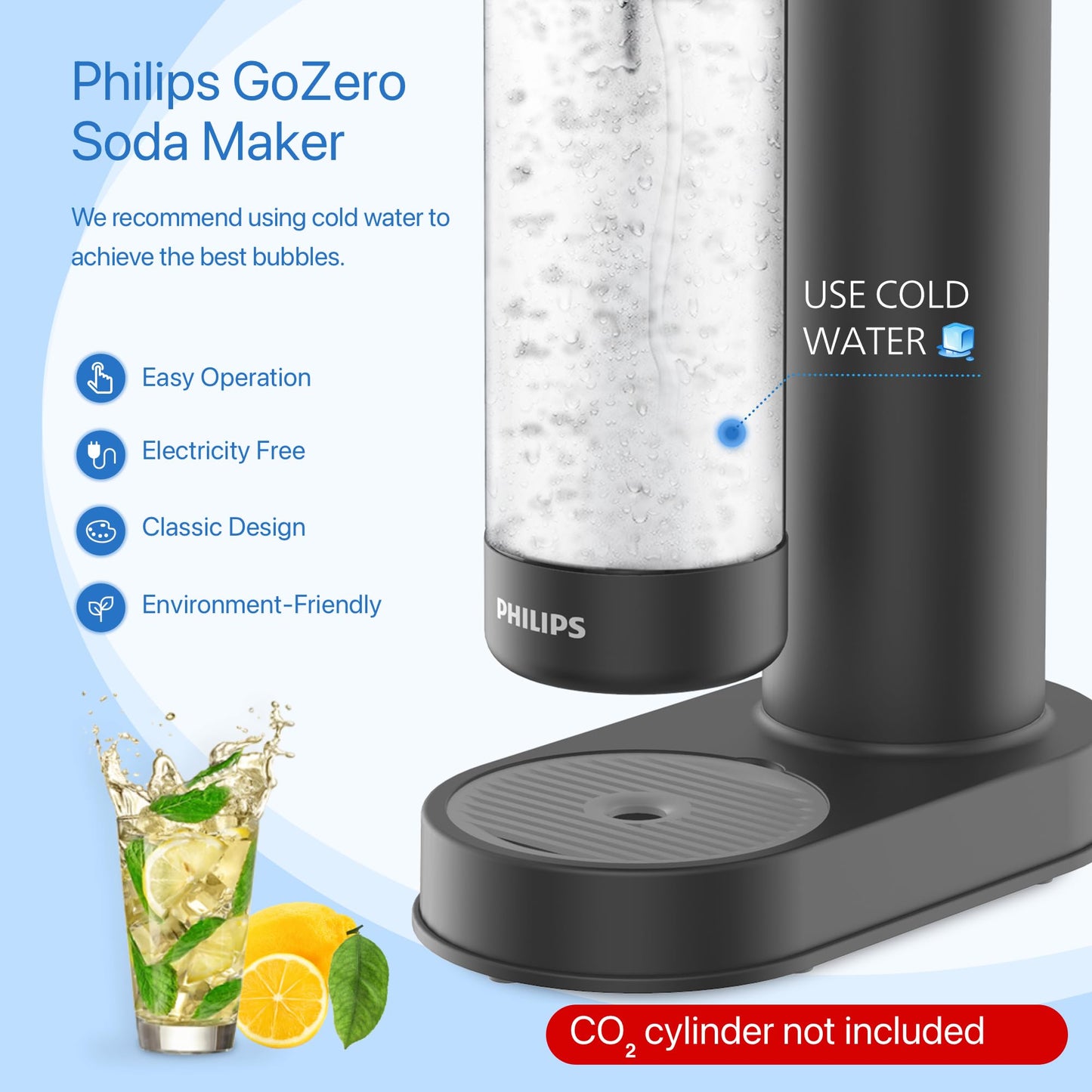 PHILIPS Sparkling Water Maker, Soda Maker Machine with 1L Quick Twist Carbonating Bottle