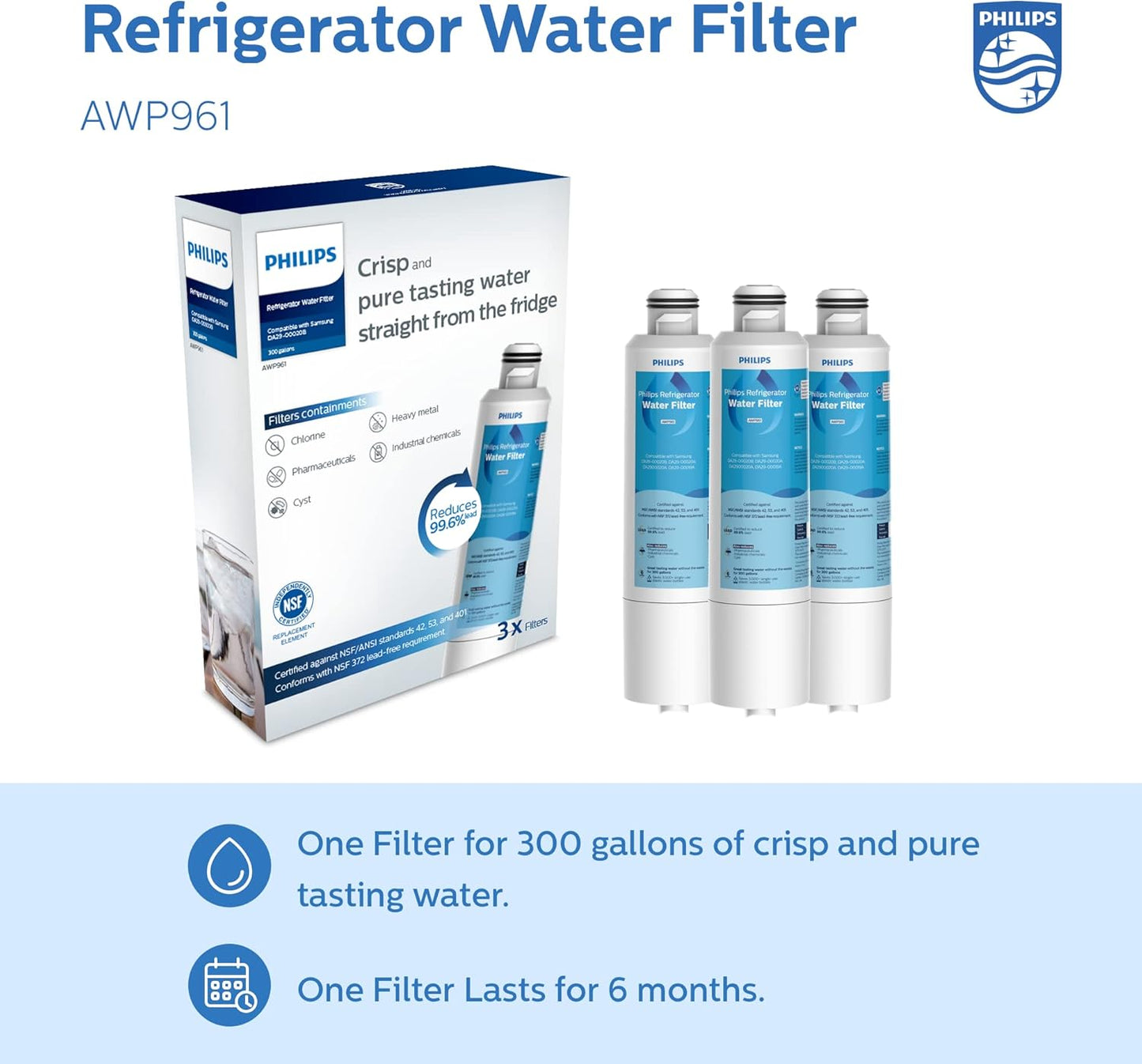 Philips AWP961 NSF/ANSI Certified Refrigerator Water Filter Replacement for Samsung DA29-00020B, HAF-CIN/EXP, DA97-08006A/B, DA29-00019A, 46-9101, RFG298HDRS, RS25J50, RF263TEAES, RF4287HARS