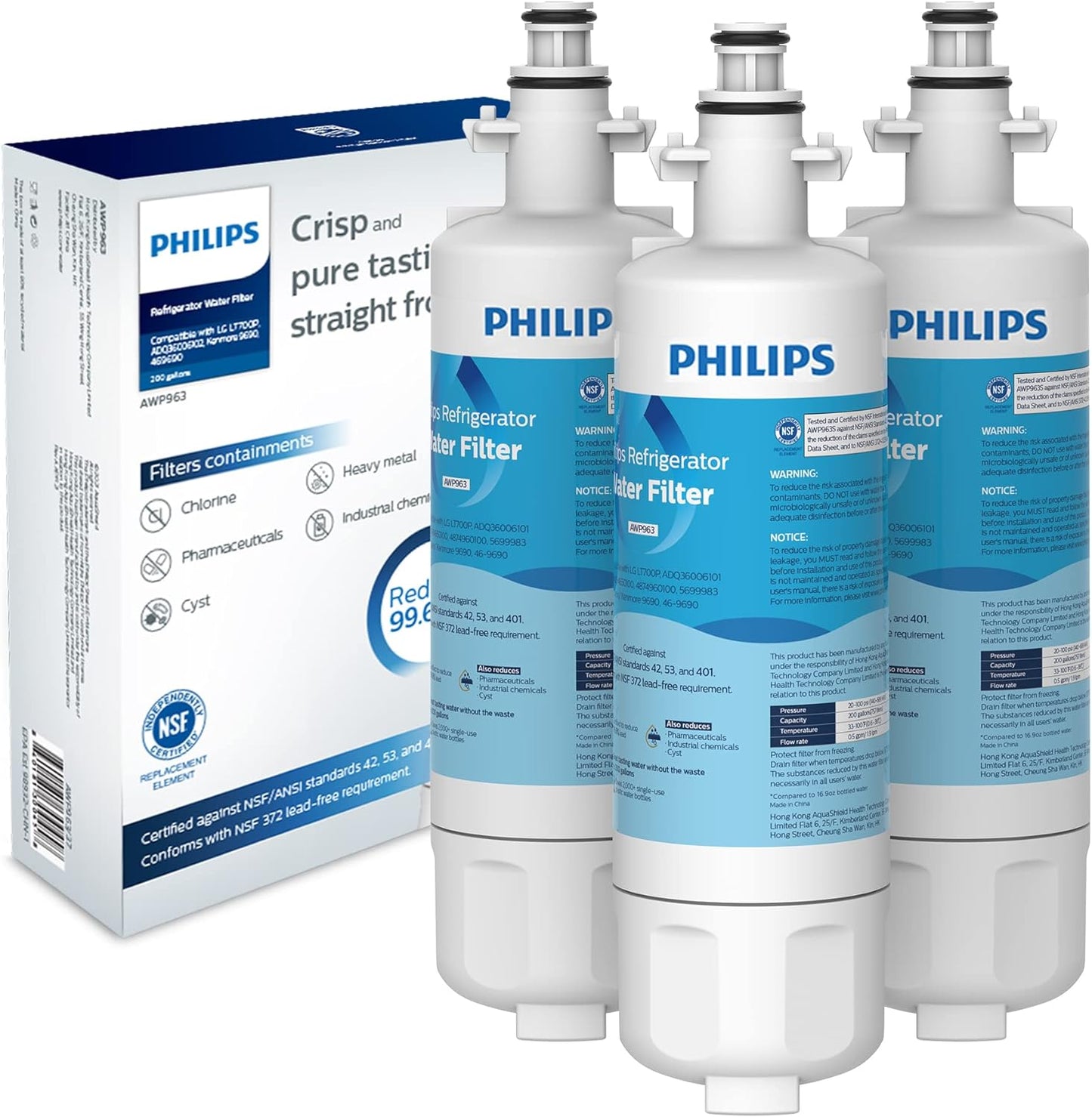 Philips AWP963 NSF/ANSI Certified Refrigerator Water Filter Replacement for LG®: LT700P, LFXS30766S, ADQ36006101, ADQ36006101-S, ADQ36006101S, ADQ36006102, Sears/Kenmore:9690, 46-9690, Pack of 3