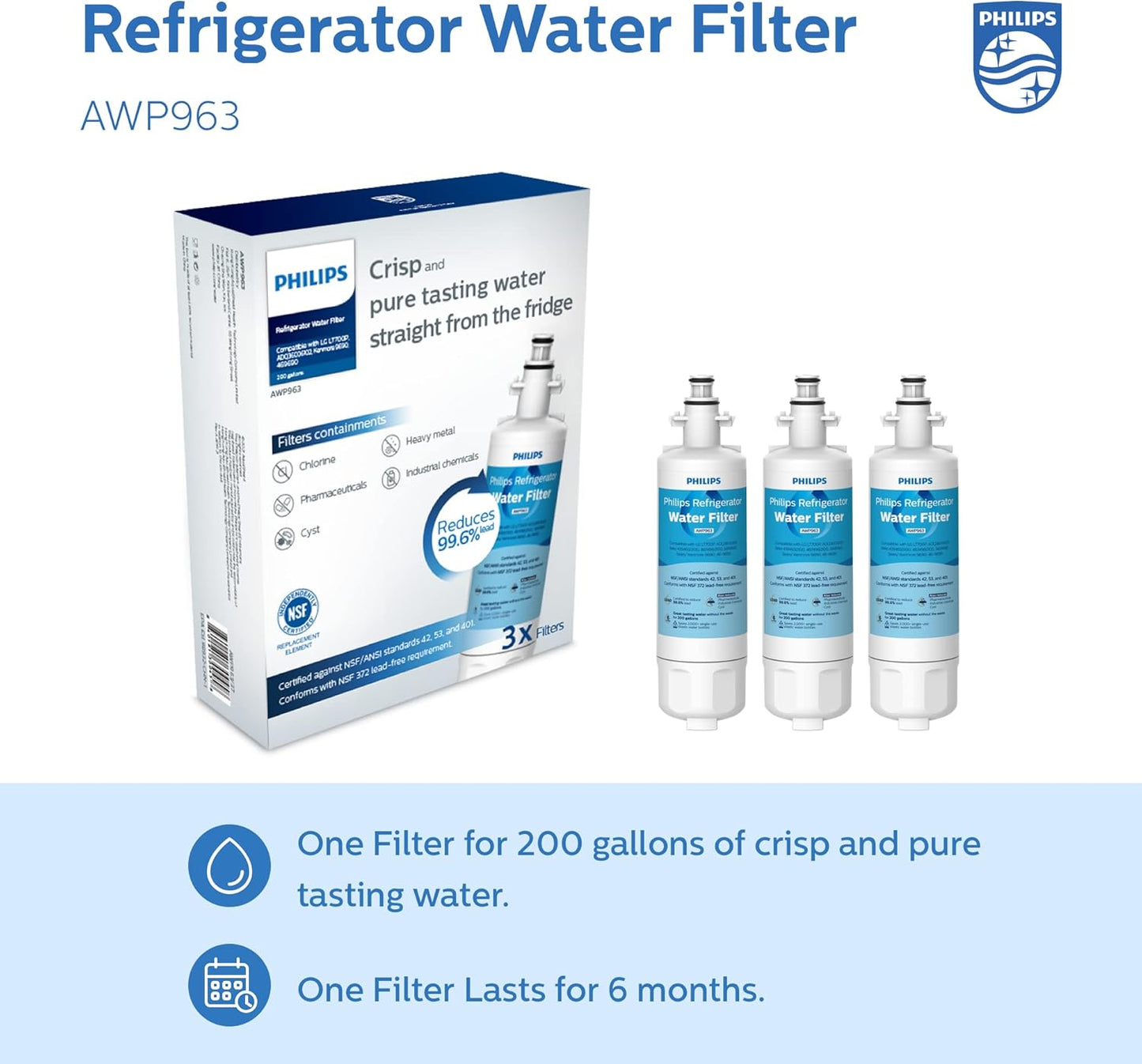 Philips AWP963 NSF/ANSI Certified Refrigerator Water Filter Replacement for LG®: LT700P, LFXS30766S, ADQ36006101, ADQ36006101-S, ADQ36006101S, ADQ36006102, Sears/Kenmore:9690, 46-9690, Pack of 3