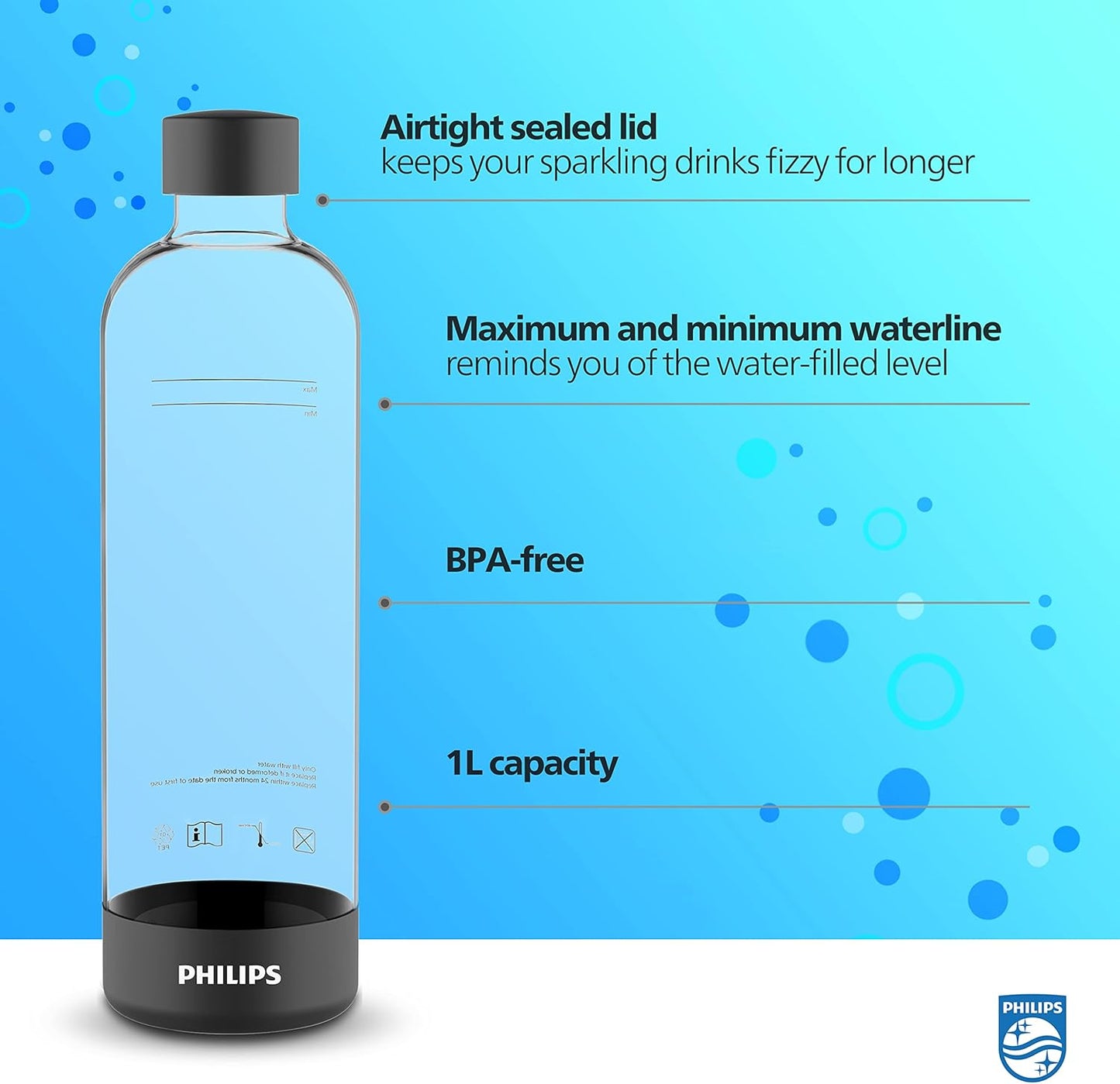 PHILIPS Carbonating Bottles, 1L Twin Pack Reusable PET Sparkling Water Bottles Compatible Sparkling Water Maker, 2 Pack