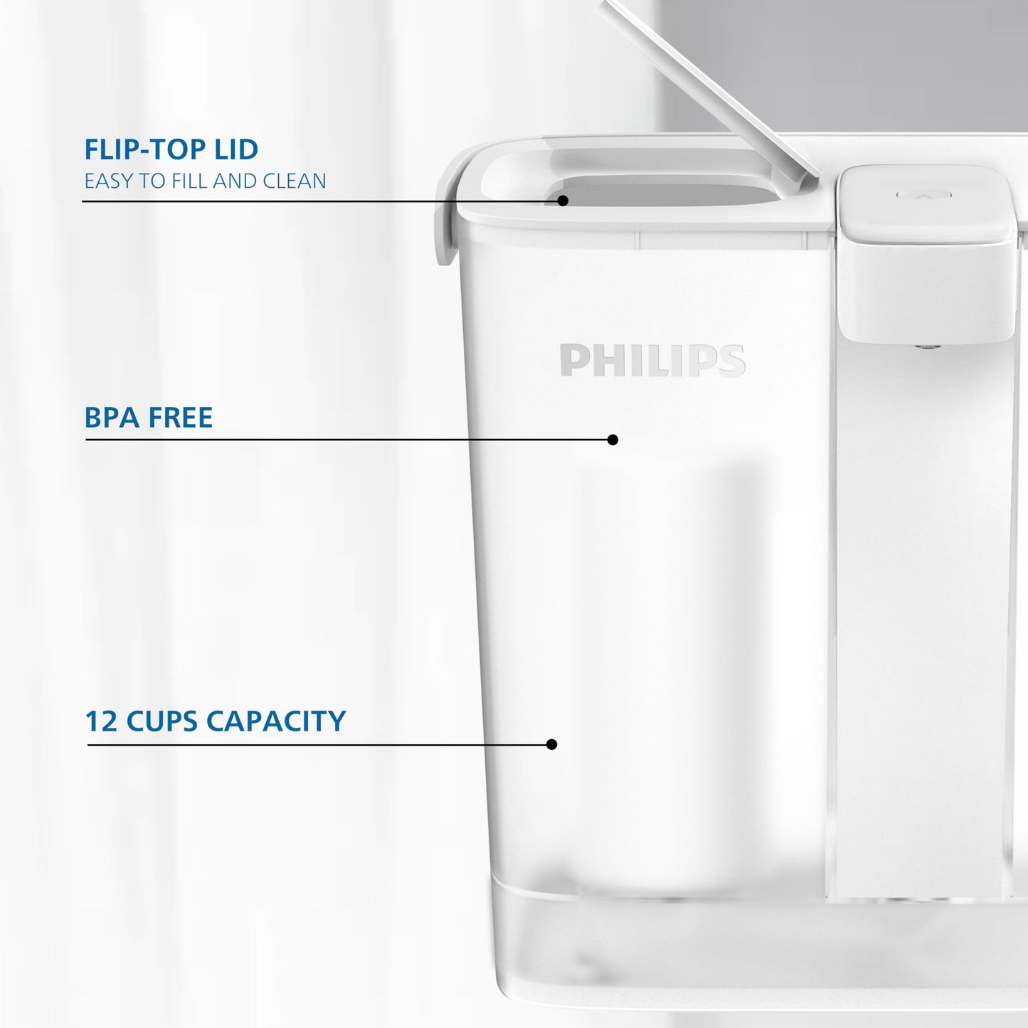 Philips Electric Water Filter Pitcher, 3L 12 Cups Rechargeable Water Dispenser with 2 Plus Filters