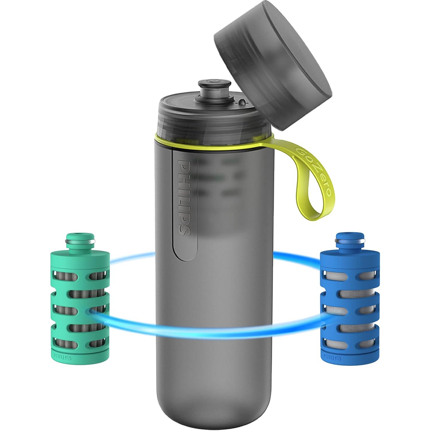 PHILIPS Water GoZero Active BPA-Free Water Bottle with River/Lake/Spring Water Filter for Hiking Camping, Sport Squeeze Water Bottle, Lightweight, Blue, 20 oz with Adventure Filter, Grey