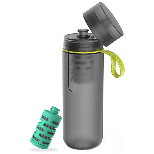 PHILIPS Water GoZero Active BPA-Free Water Bottle with River/Lake/Spring Water Filter for Hiking Camping, Sport Squeeze Water Bottle, Lightweight, Blue, 20 oz with Adventure Filter, Grey