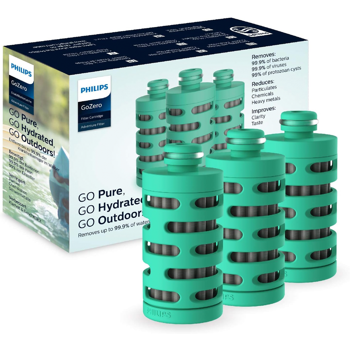PHILIPS Water GoZero Adventure Filters, Replacement Filter Cartridge, Electro-adsorptive Filter, for GoZero Active Bottle, 3 Counts, AWP295/37