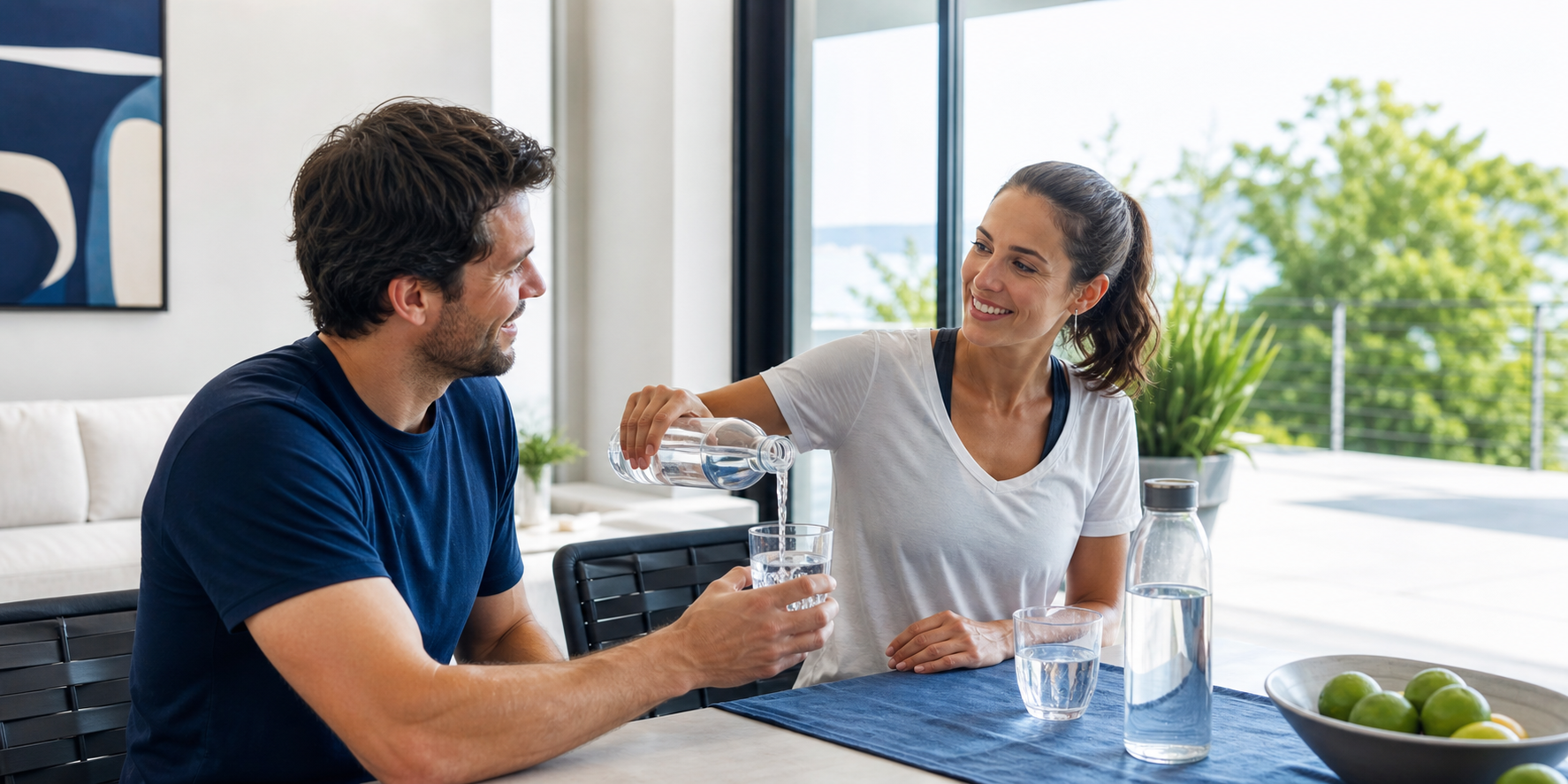 Active couple sharing water at home