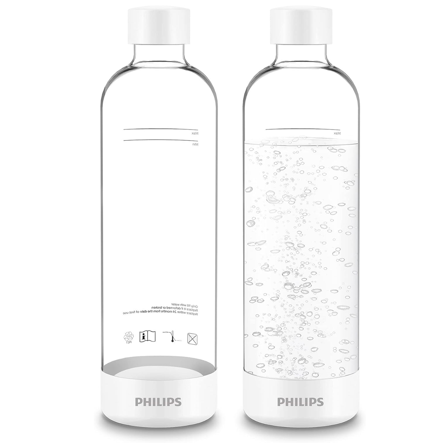 PHILIPS Carbonating Bottles, 1L Twin Pack Reusable PET Sparkling Water Bottles Compatible Sparkling Water Maker, 2 Pack